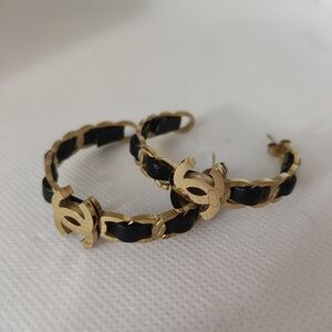 Gold And Black Leather Interwoven Hoop Earrings